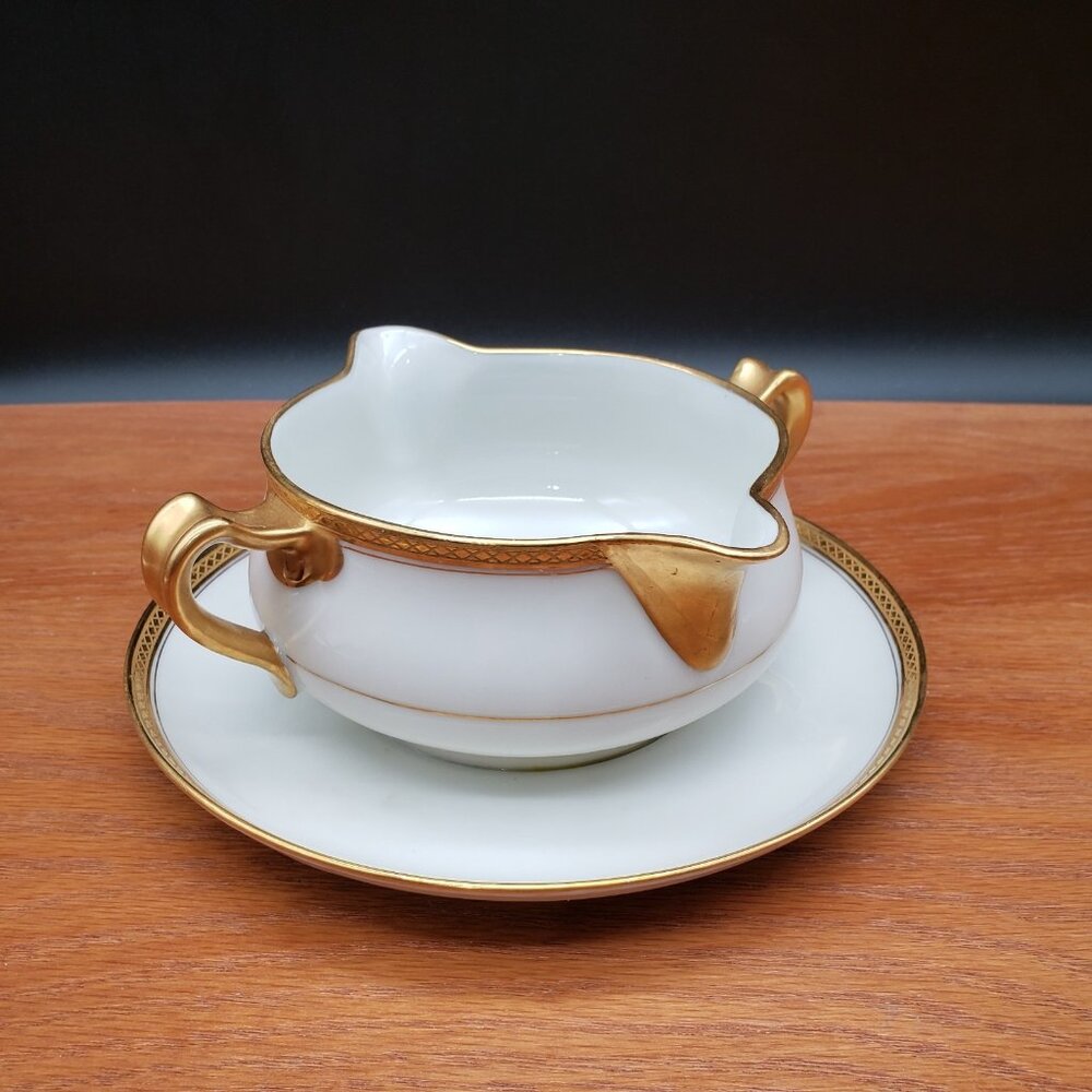 Haviland Limoges Marquis Gravy Boat w/ Attached Underplate Gold Encrusted